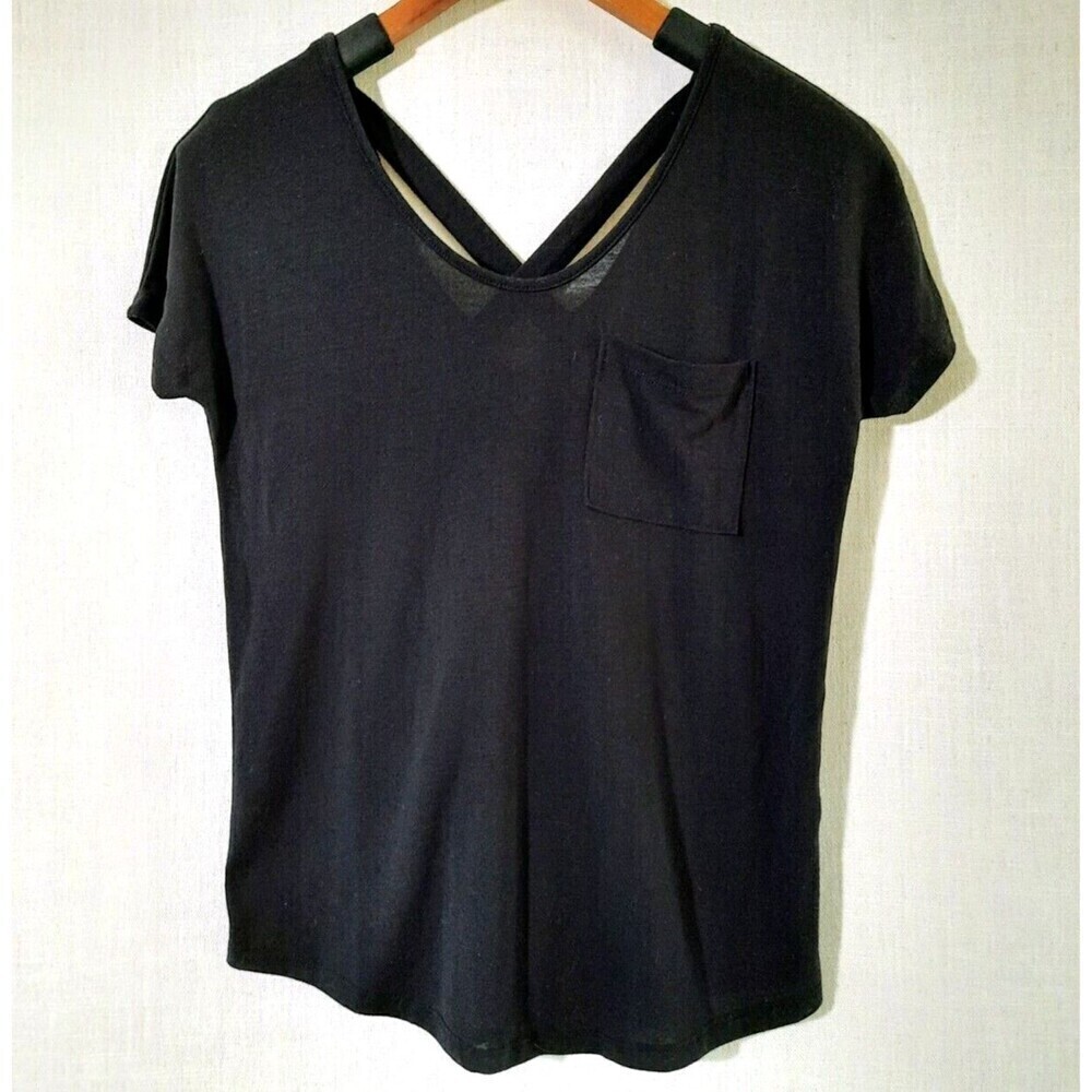 SO Women's Strappy Criss-Cross Low Back Scoop-Neck Black Tee T-Shirt SZ XXS